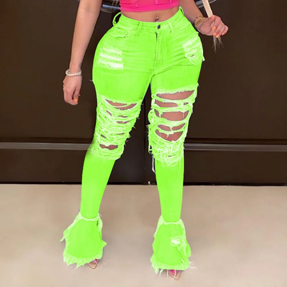 

2020 Summer Denim Pants Women Retro Solid Sexy Hole Jeans Ripped Flare Trousers Street Skinny High Waist Lady Pants