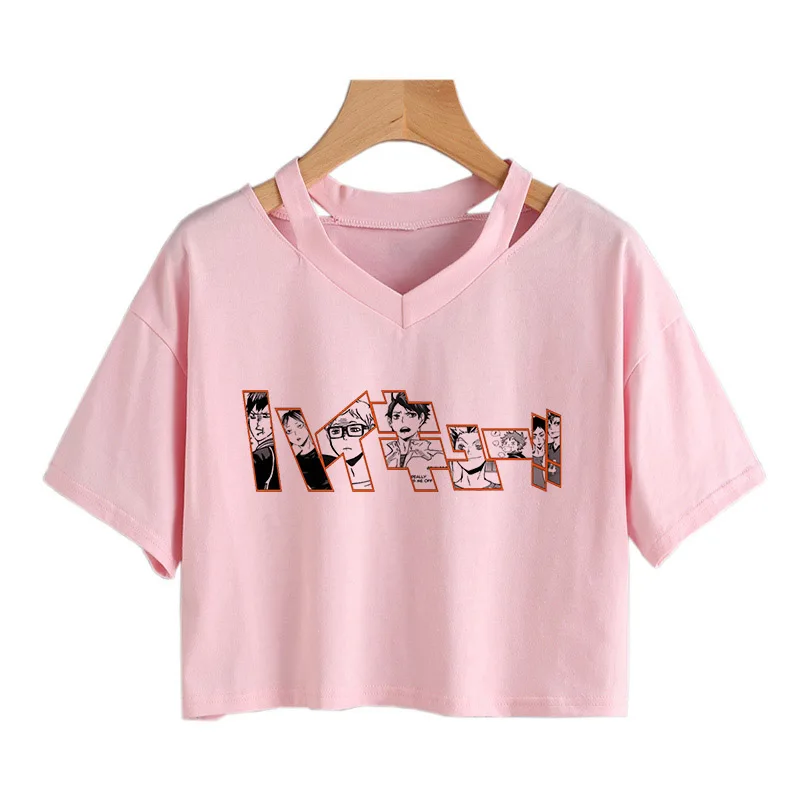 Fly High Oya Haikyuu Print Crop Tops Women T Shirt Harajuku Japanese Anime Bokuto Manga V-neck Short sleeve Cropped Tees | Женская