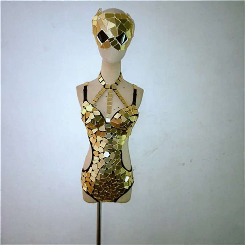 Gold Silver Mirror Bodysuit Sequins Mask Sexy Hollow Out Backless Dance Costume Bar Night Club DJ Singer Dancer Team Bodysuits