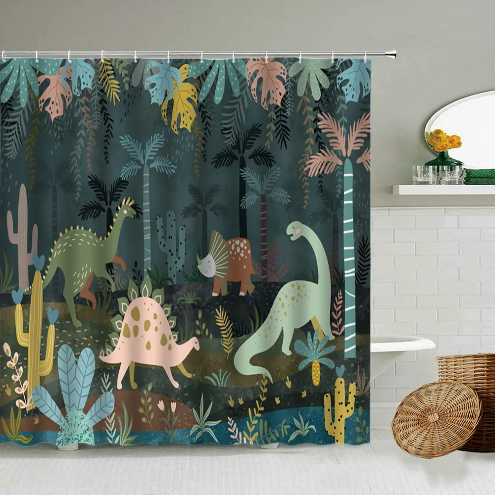 

Занавеска для душа в виде мультяшного тропического леса, животного, Забавный динозавр, Ленивец, тигр, растение, листва, дизайнерский экран д...