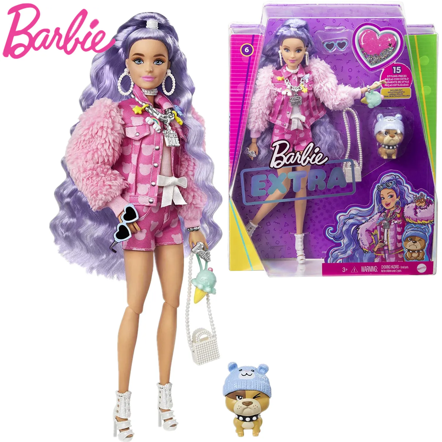 

Barbie Extra Doll Pink Teddy Bear Print Denim Jacket & Matching Shorts With Pet Puppy Long Periwinkle Hair Kid Toy GXF08 Gift