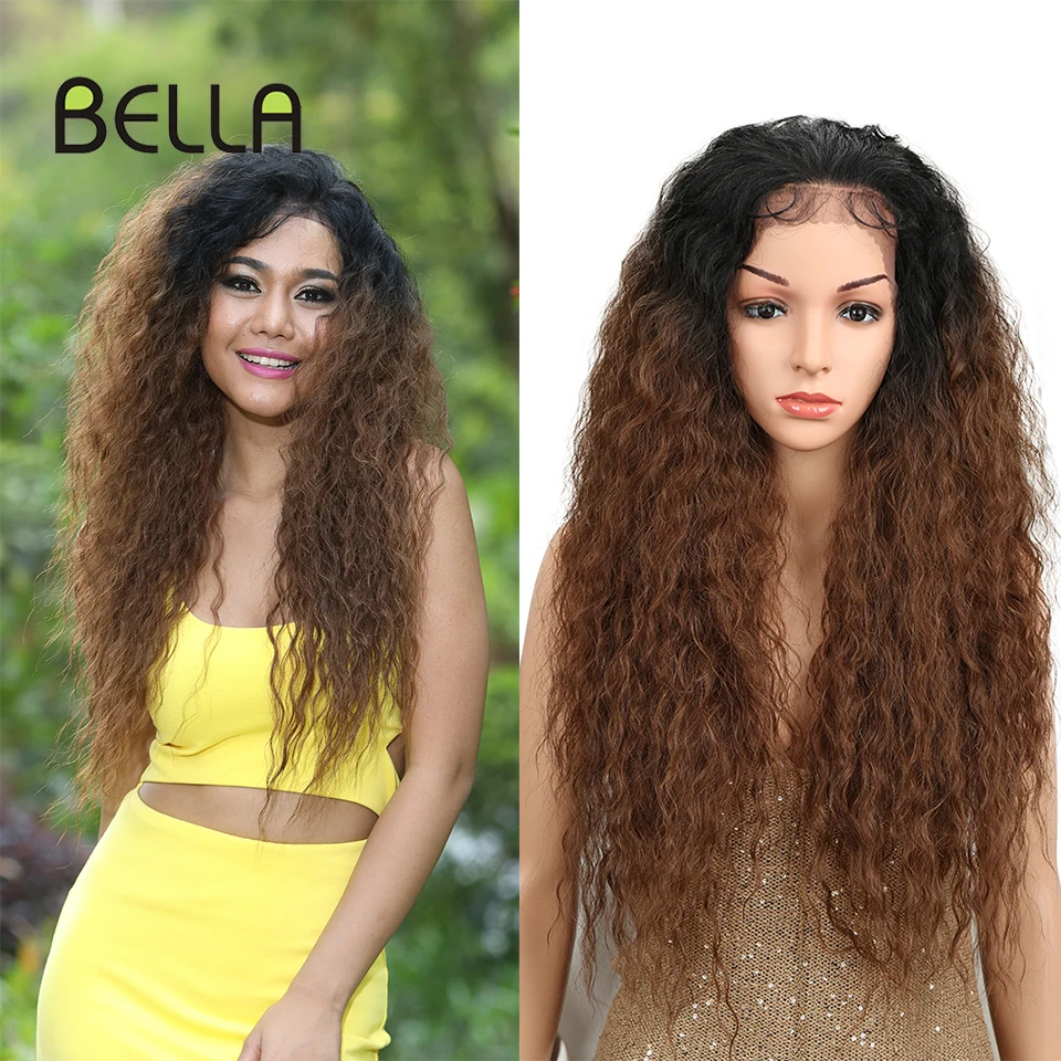 Bella Synthetic Kinky Curly Wig 13*4 Lace Front Wig Synthtic Hair With Baby Heat Resistant Ombre Brown Wigs For Black Women