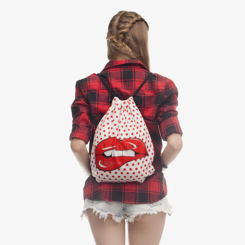 Новый 3D мешок с кулиской принтом в горошек и красных губ модные Mochila Cuerda Harajuku