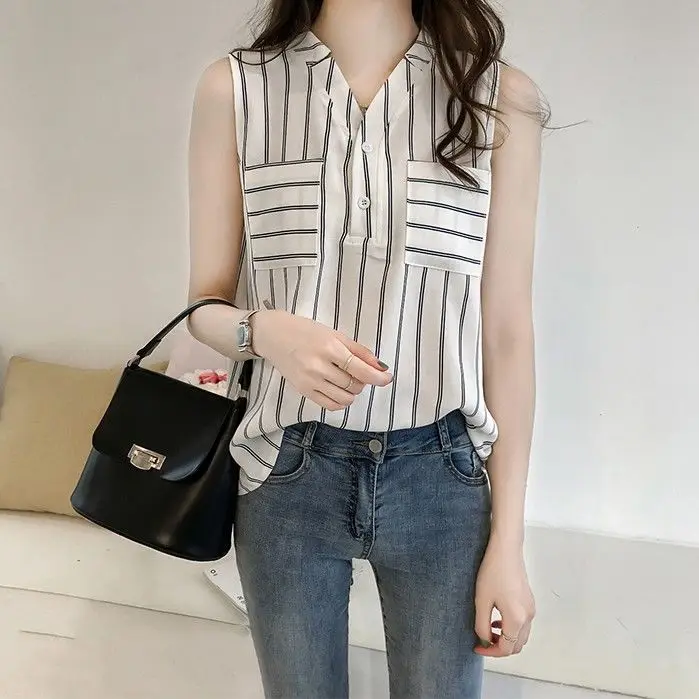 

Spring and summer new vest striped shirt top foreign style small shirt