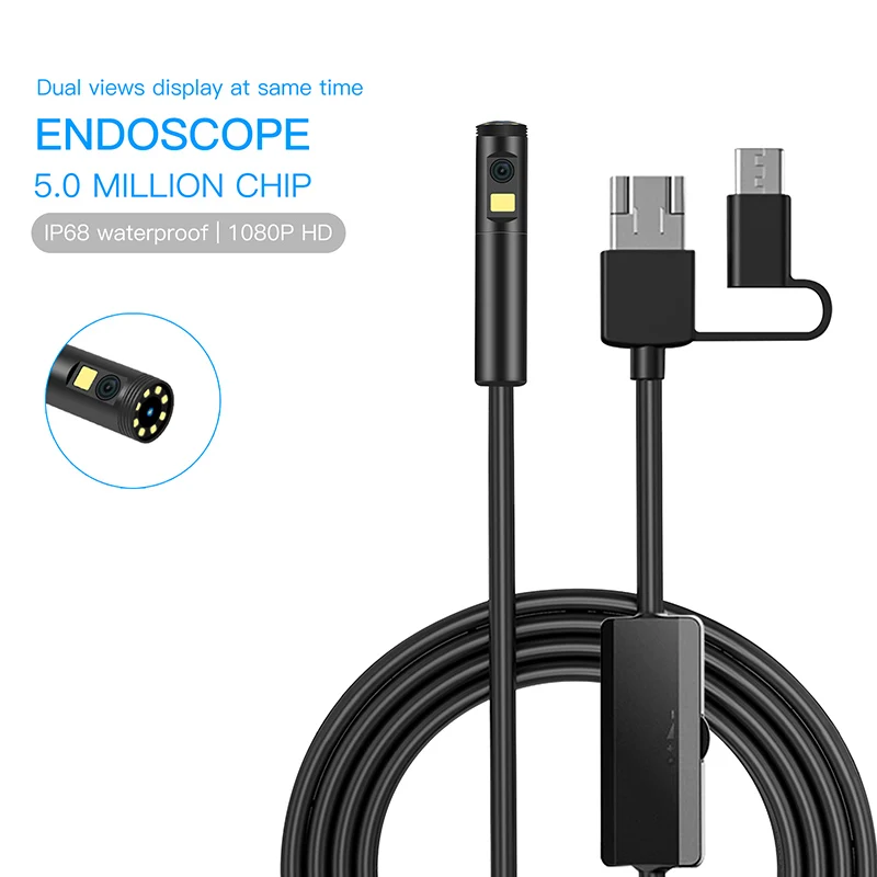 Промышленный эндоскоп с двумя объективами, 5,5 мм, 3 в 1, HD 1080P, Micro USB, Type-c