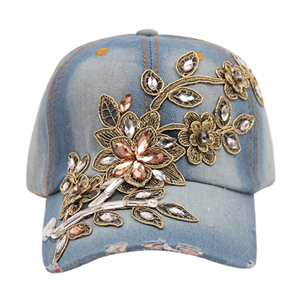 

1Pc Fashion Women Flower Embossed Baseball Cap Women Rhinestone Denim Baseball Cap Summer Jeans Hat gorras hombre кепка мужская