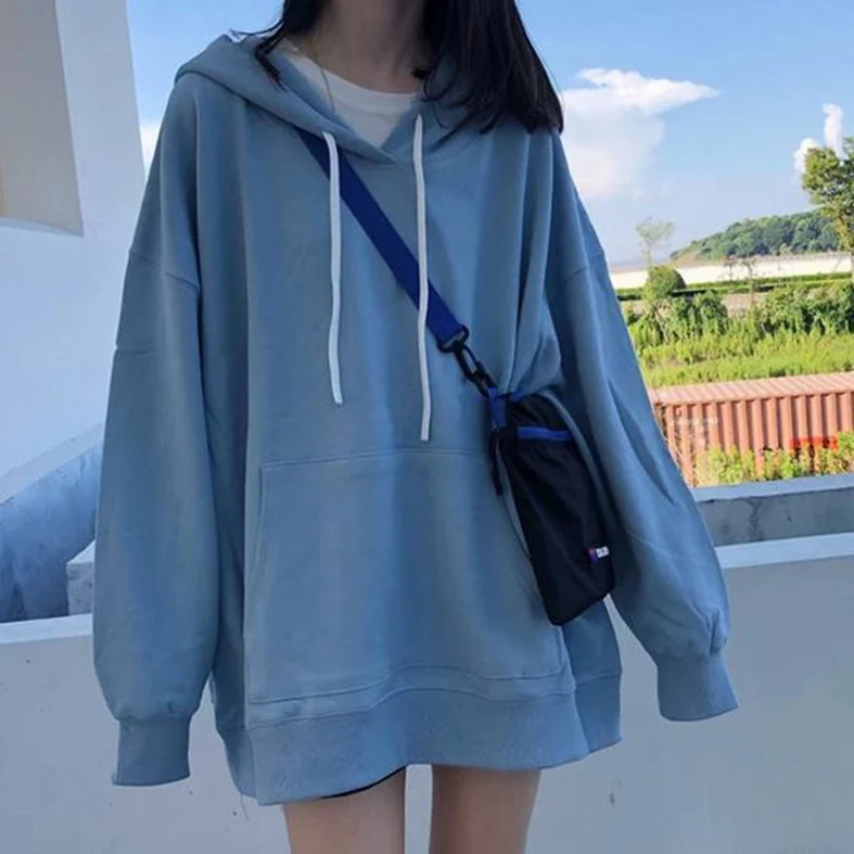 

2021 Casual Loose Hoodies Sweasthirts Women Pockets Solid Color Ladies Loose Student Harajuku Pullovers Long Sleeve Tracksuits