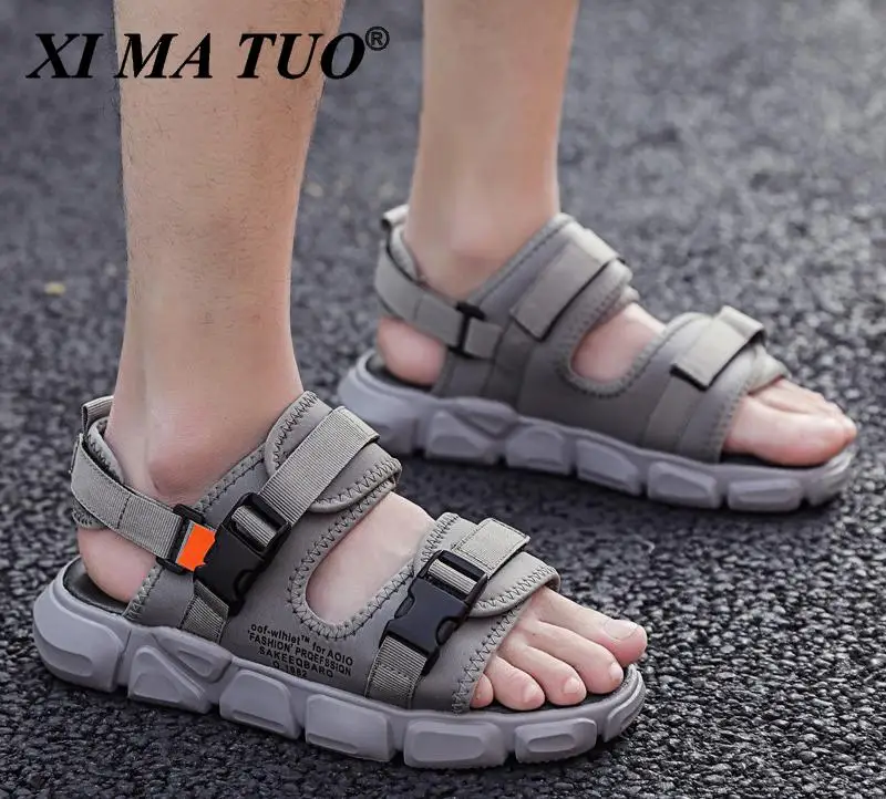 

Fashion Open Toe Men's Sports Sandals 2021 Summer T-buckle Platform Shoes Flat Casual Shoes Men Canvas Slippers