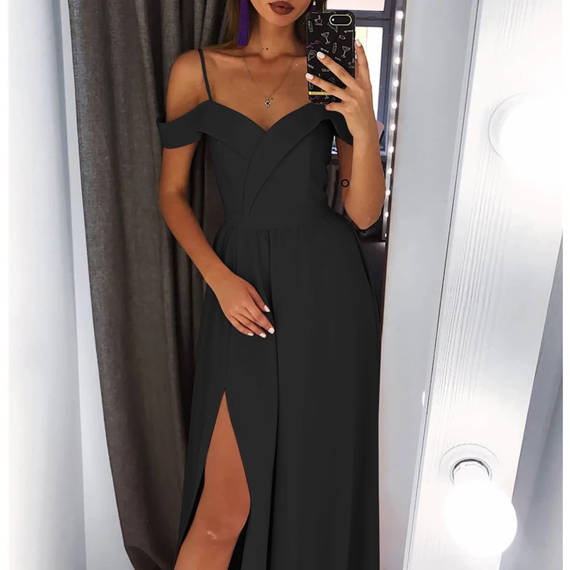 Женское вечернее платье без бретелек однотонное длинное с высоким разрезом и