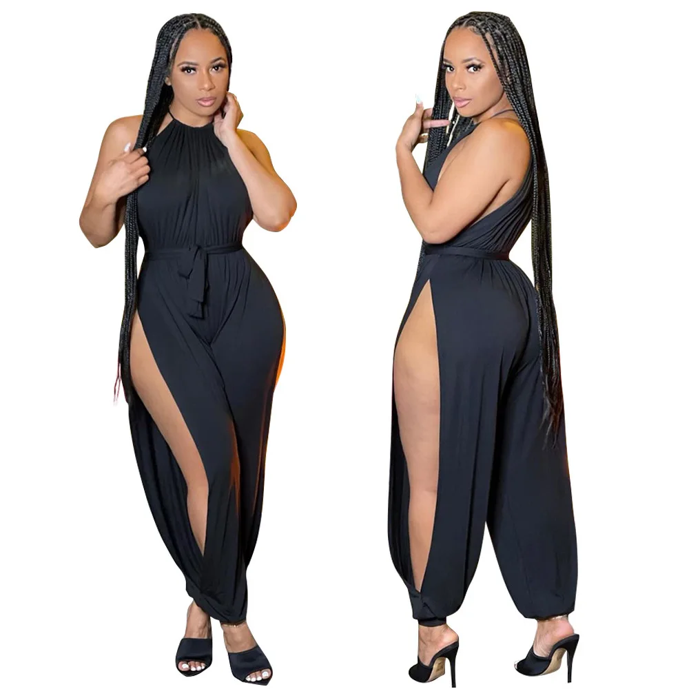 

Women's Sleeveless Tie Waist Side Slit Halter Neck Long Harem Pants Jumpsuit Rompers Party Clubwear Outfits