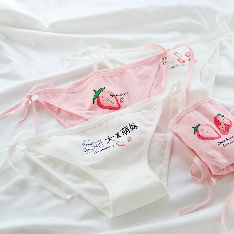 

Lolita Pink Printing Strawberry Pattern Women's Underwear Cotton Lacing Up Sexy Panties Students Sweet Briefs Lingerie Cosplay