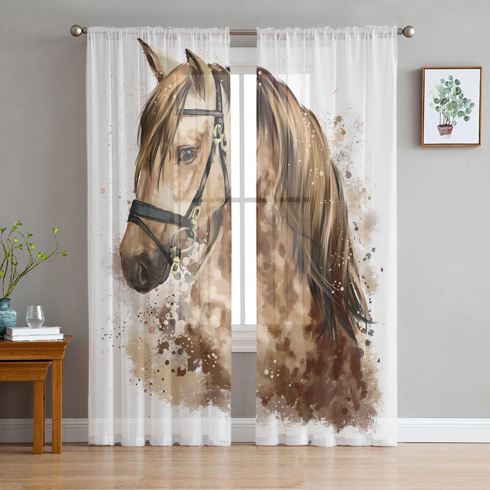 

Лошадиные коричневые акварельные прозрачные шторы для гостиной, спальни, дома, гостиницы, кофе, Декор, шифоновые тюлевые шторы