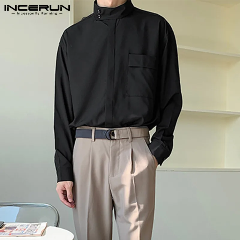 Man Casual Pockets Shirts Korean Style Loose Tops Mens Fashion Stand Collar Shirts Long Sleeve Solid Color Blouse INCERUN 5XL 7