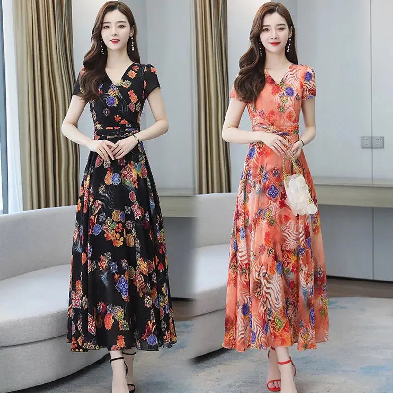 

Fat mm large floral dress summer 2021 new slim temperament, long beach skirt