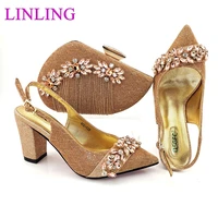 sandalsitalian design 2021 new arrival in peach color nigerian party ladies shoes and bag set decorated with colorful rhinestone