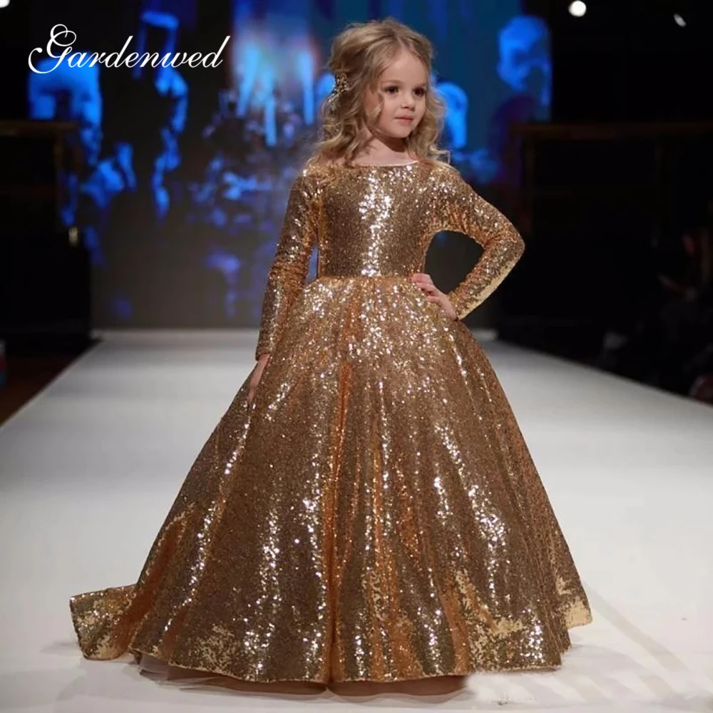 Кружевные платья с золотыми блестками для девочек вырезом лодочкой и длинными