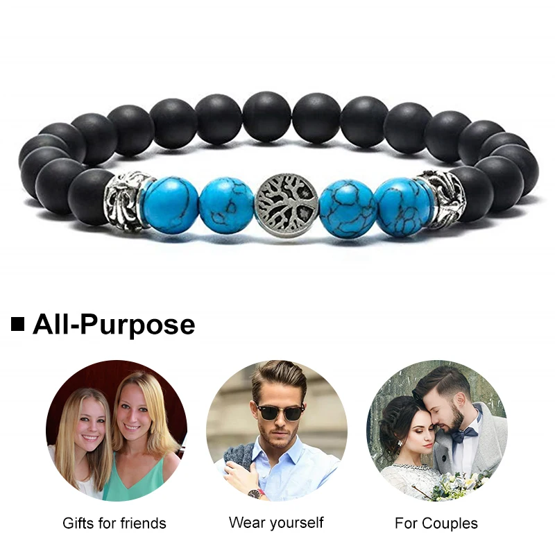 Черный матовый браслет из оникса 8 мм эластичный веревки с деревом жизни