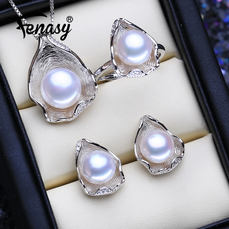 

FENASY 925 Sterling Silver Jewelry Sets Trendy Natural Pearl Pendant Necklaces For Women Shell Shape Stud Earrings Fashion Rings