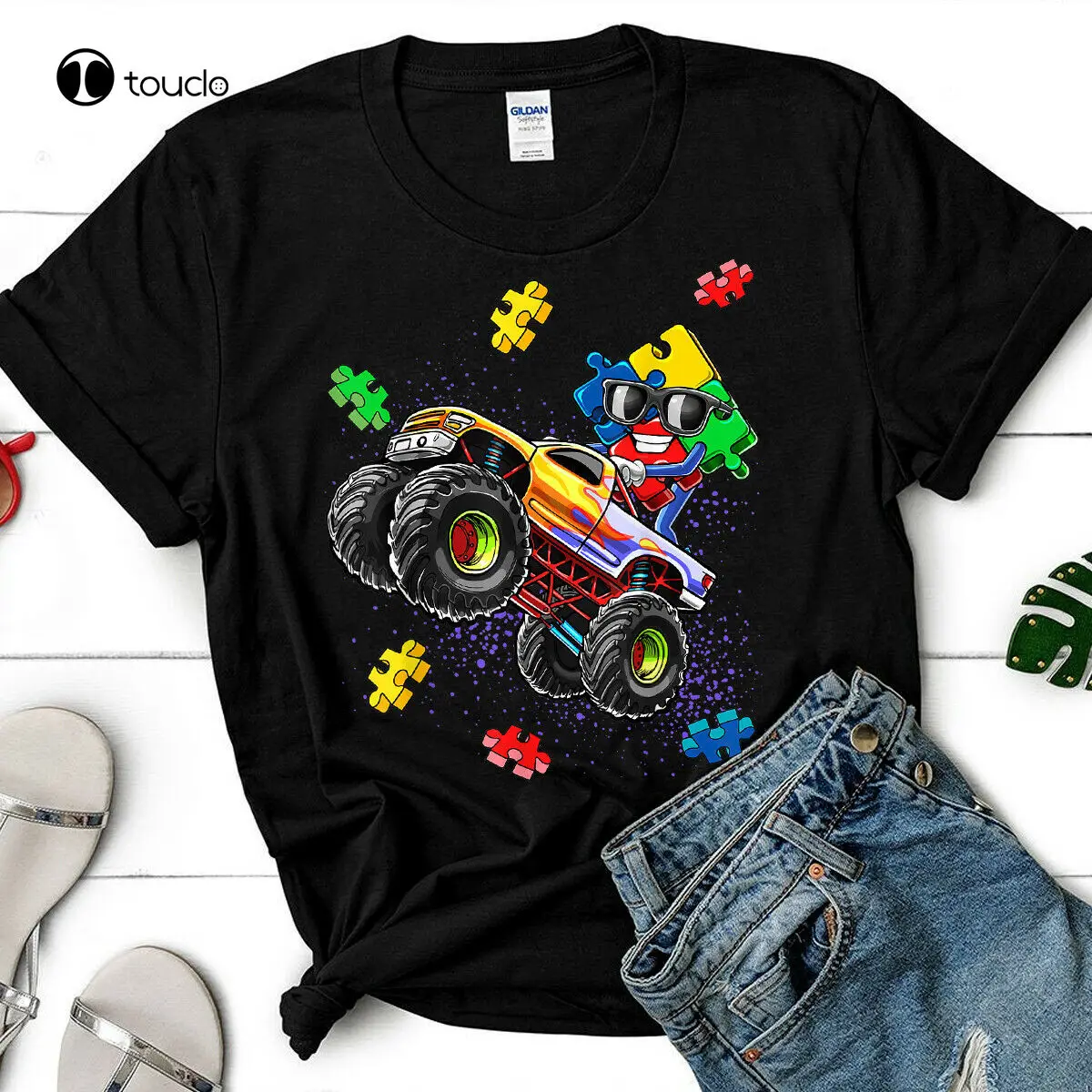 

New Freeship Monster Truck Autism Awareness Puzzle Piece Gift For Boys Gift T-Shirt Tee Shirt Cotton T Shirt