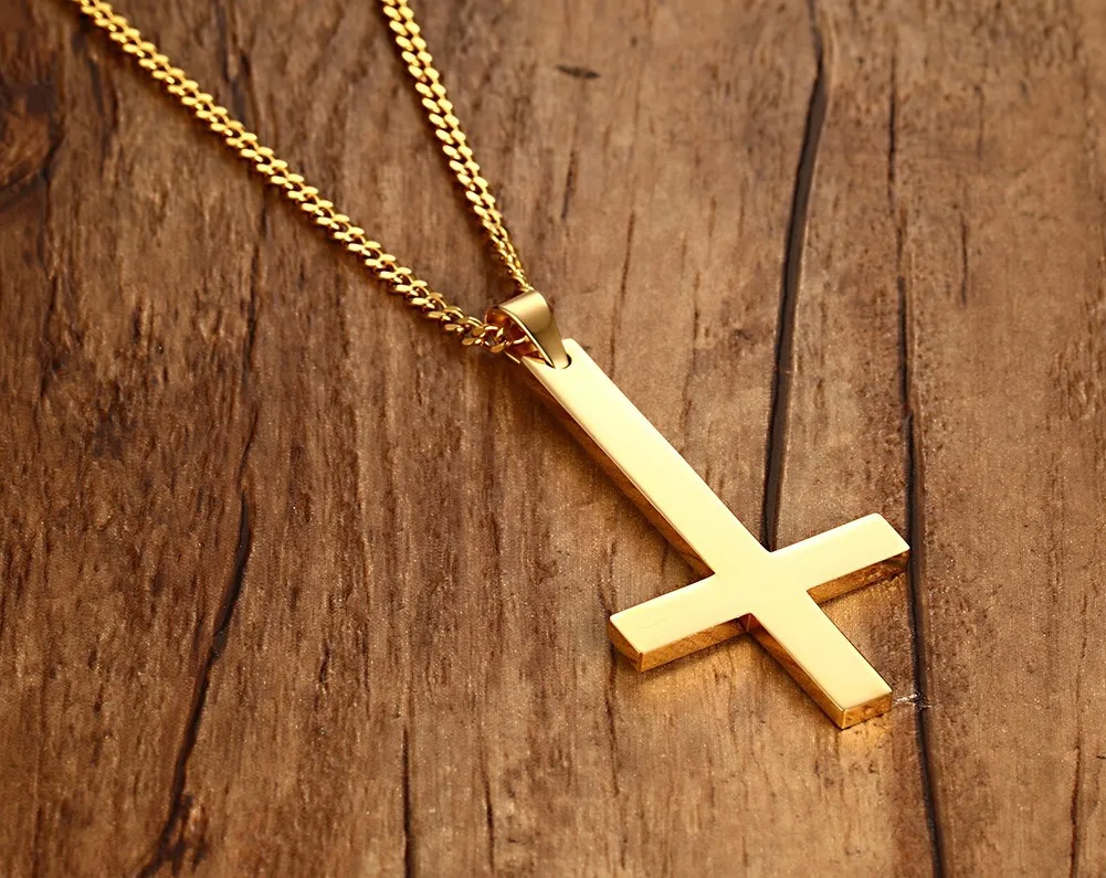 Gold-color Модная классика винтажная уникальная, из нержавеющей стали ювелирные изделия перевернутый вниз кулон ожерелье цепочка крест Повседневный Спортивный чокер - Metal Color: Gold-color