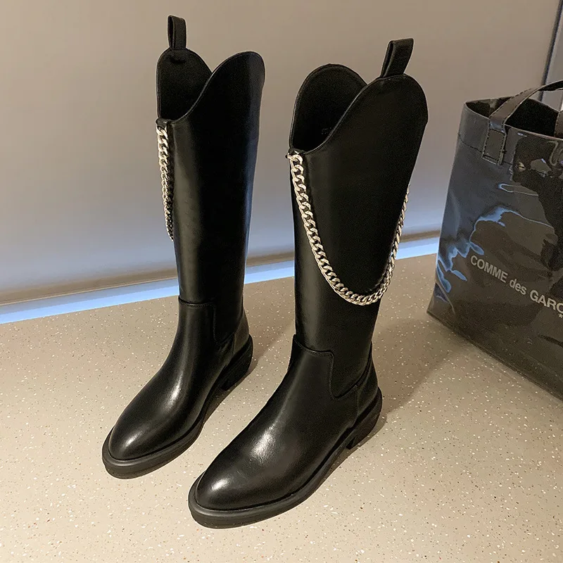 2021 New High Boots Knee-high Pu Boots High Heels For Women Fashion Shoes Chain platform Motorcycle boots  Slip On Chunky Heel
