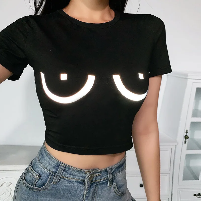

Cotton Tshirt for Women 2020 Summer New Trend Funny Print Sexy Slim Short Sleeve Black White Crop Top Women Casual T-shirt Tops