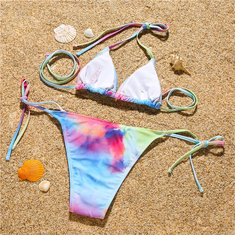 

2021Halter Colorful Bikini Women Swimwear Female Swimsuit Three-pieces Bikini set With Cover Up Bather Bathing Suit Swim