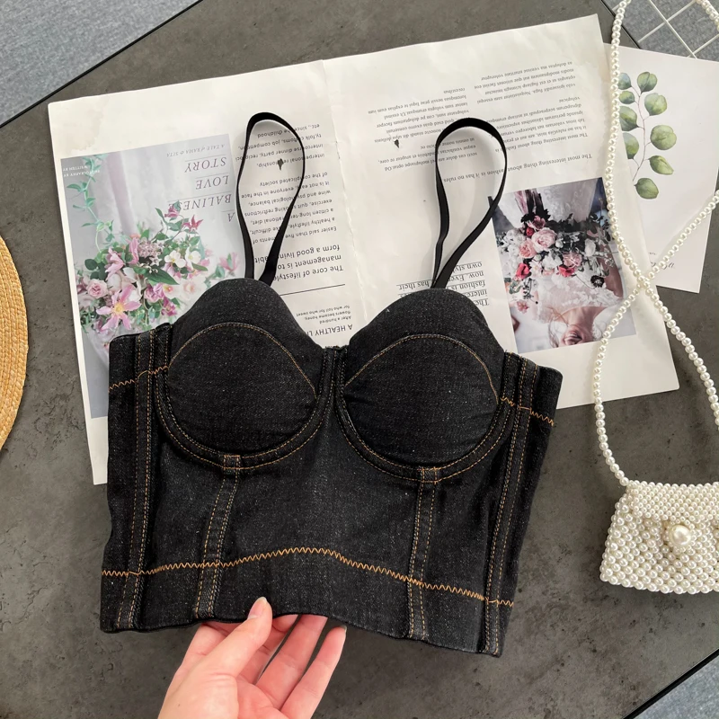

European and American style brassiere washed jeans sexy V-neck open back adjustable underwear