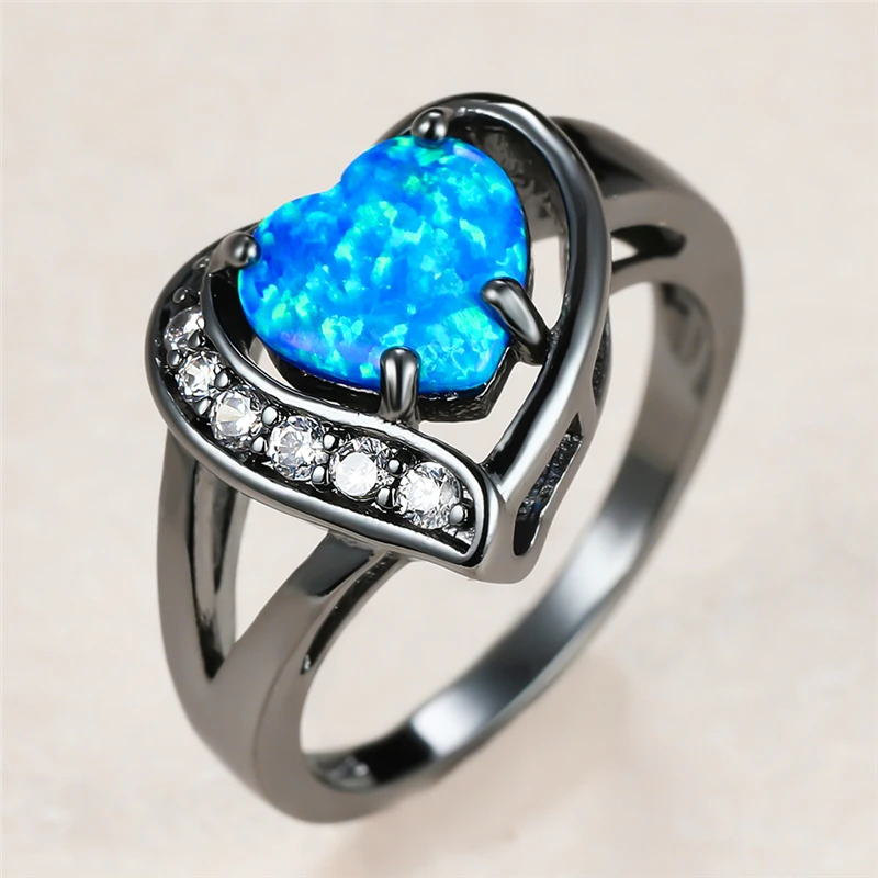 

Dainty Female Blue Heart Opal Ring Charm 14KT Black Gold Wedding Rings For Women Luxury Bride Crystal Big Engagement Ring