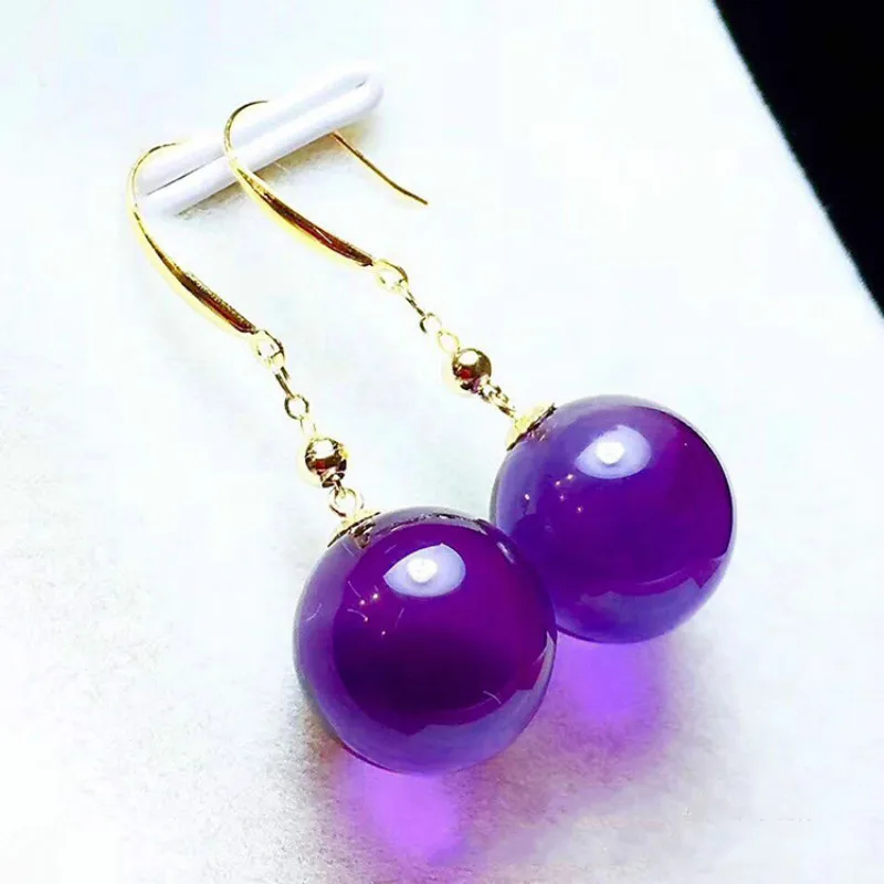 Натуральный аметист серьги круглые бусины настоящим 18К золото Висячие 12 мм