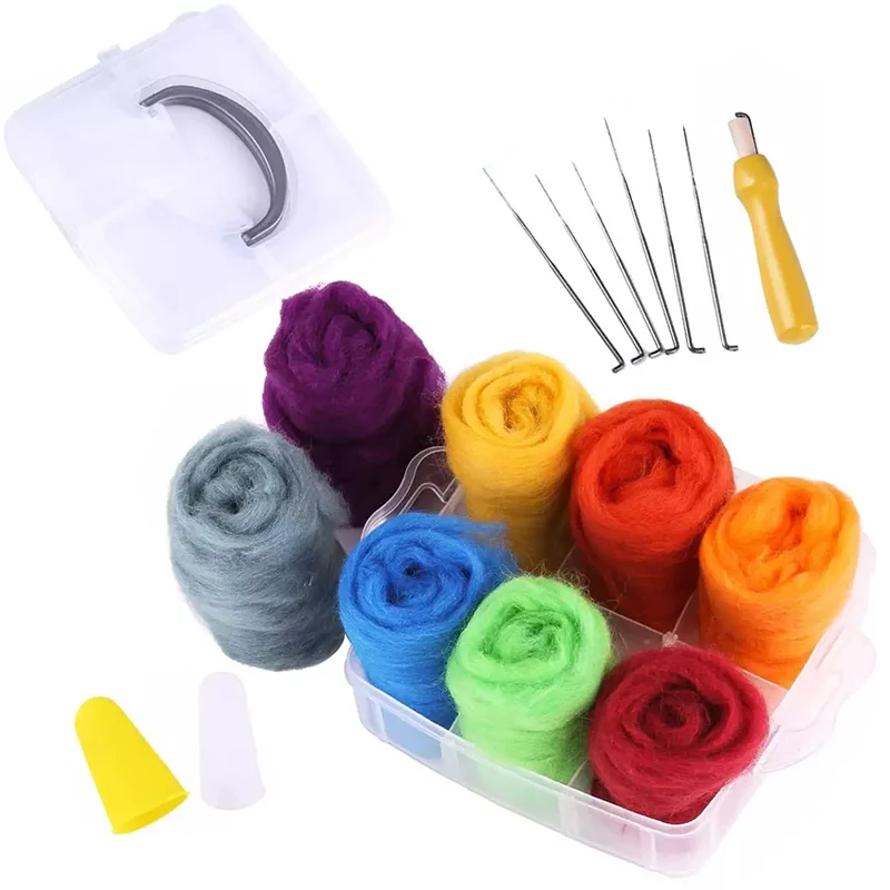 

LMDZ Needle Felting Kit,8 Colors Fibre Wool Yarn Roving with Plastic Storage Box, Needle Felting Starter Kit for DIY