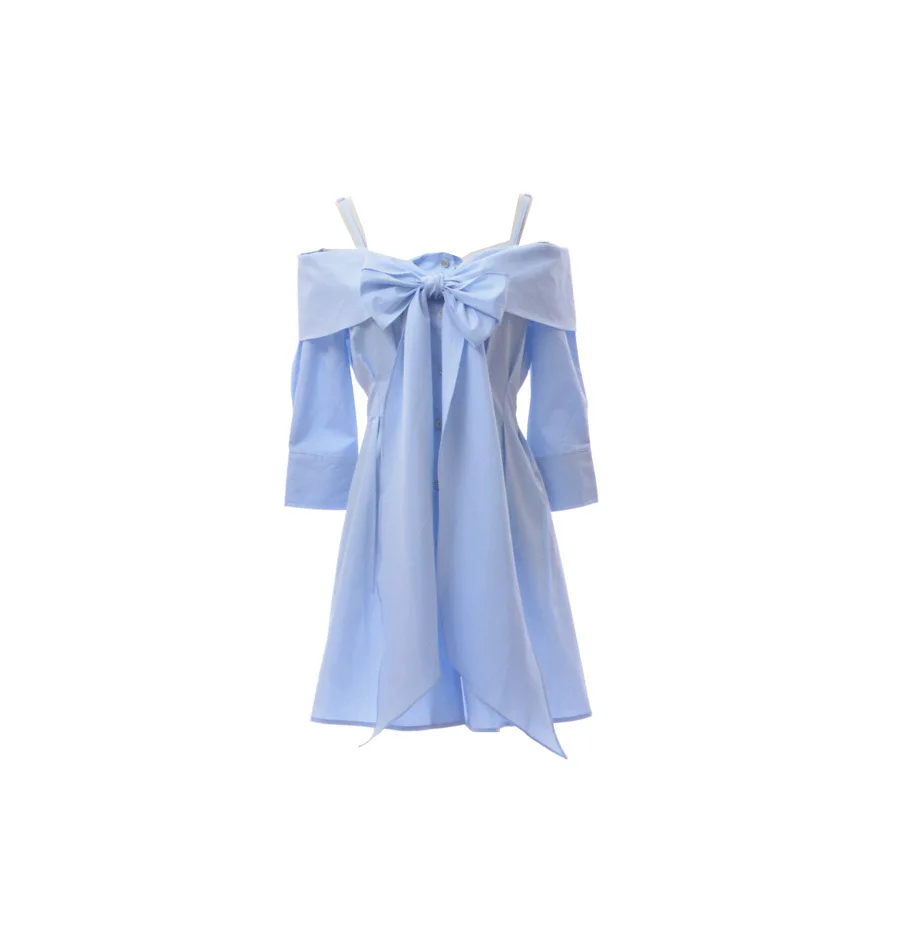 

2021 Summer New Bow Sweetwear A-line Graceful Ladies Mini Dress Fashion Slash Neck Sexy Solid Color Women Above Knee Dress