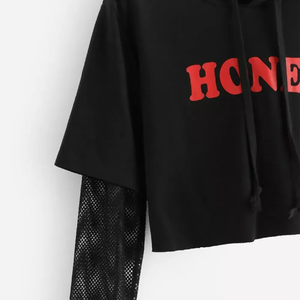 

New Womens Tank Top Letters Mesh Long Sleeve Hoodie Sweatshirt Pullover Tops Blouse Women's T-Shirt