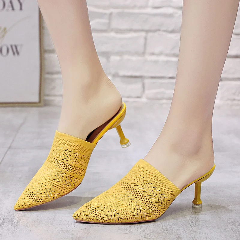 Pointed Toes Woven Knit Fashion Women Half Med Heels Stilettos Mules Loafer Casual Feminine Slippers Slides Sandalias Shoe E629 | Обувь