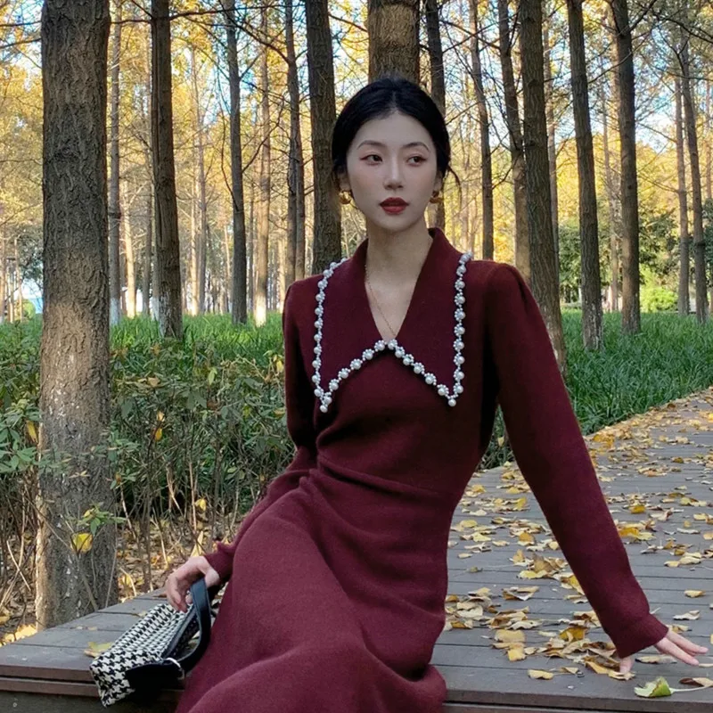 

Vintage Winter Autumn Sweater Dress Women High Waist Maxi Dresses Long Sleeve V-neck Woman Sweaters Vestido Feminino WPY2140