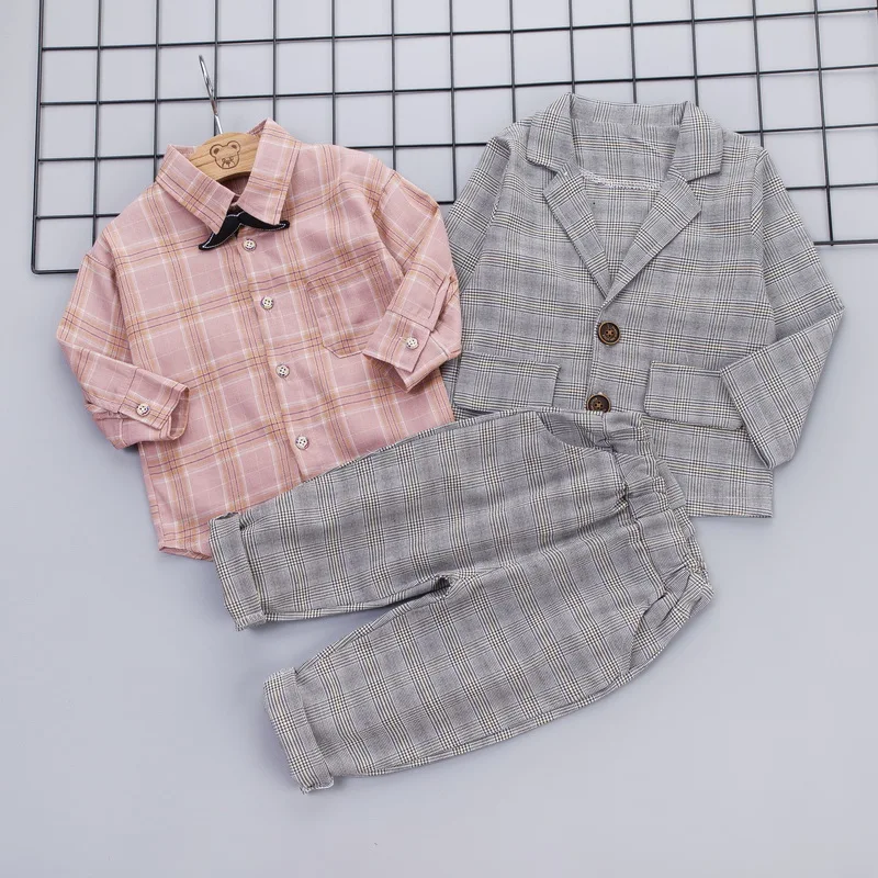Комплект одежды в клетку для маленьких мальчиков розовая рубашка + пальто штаны