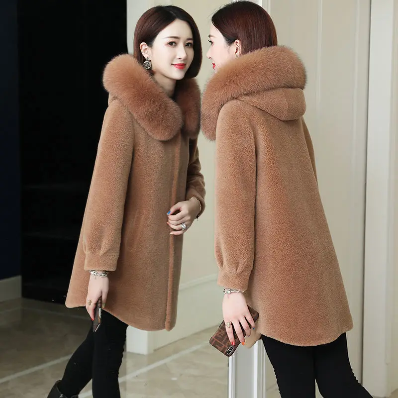 

2020 New Women Winter Real Fur Coat Genuine Fashion Fox Fur Collar Hooded Coat Lady Natural Sheep Shearing Long Overcoat H62