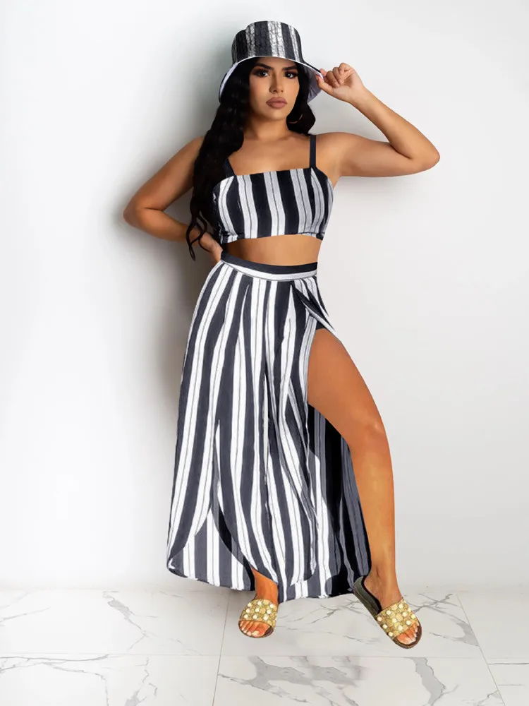 Женский костюм с принтом в полоску черный и белый повседневный из двух предметов