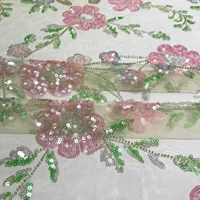 latest exquisite green sequins bridal mesh tulle pink flowers embroidered lace fabric for luxury beautiful wedding party dresses