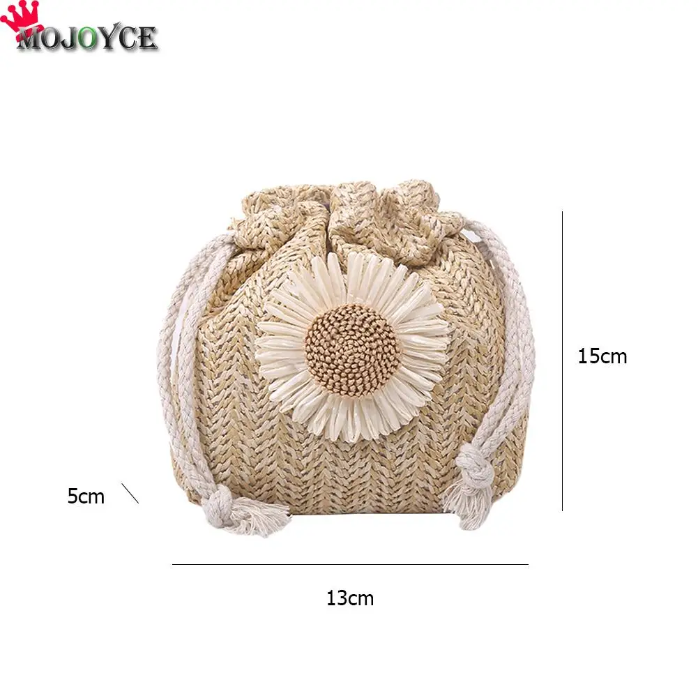 

Creative Design Flower Drawstring Bucket Bag Classic Texture Chic Women Straw Woven Beach Crossbody Shoulder Handbags