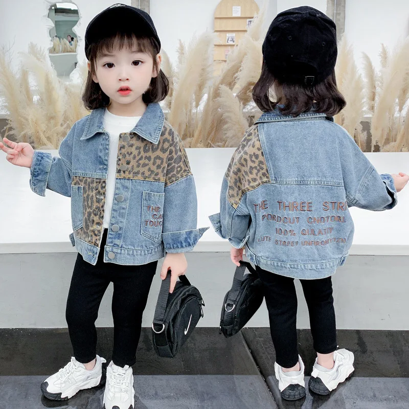 

New Spring Autumn Kids Casual Jacket Girls Jeans Coats Little Boys Girls Leopard Patchwork Denim Outerwear Costume 12M-9Y CL684