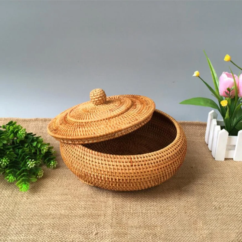 New Storage Basket Hand-Woven Rattan Woven with Cover Round Primary Color Chinese Jewelry Snacks Tea Set Box | Дом и сад