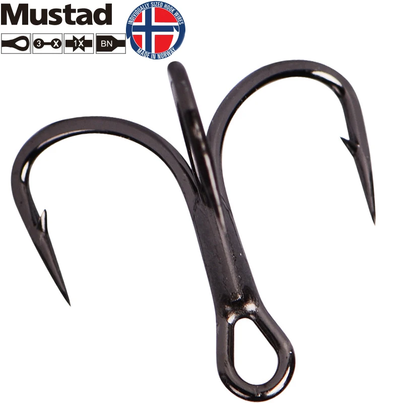 Mustad Fishing Hooks TG76NP-BN Treble Hook High Carbon Steel Barbed Jawlock 3X Strong Lure Ocean Fishing Anchor Tackle Pesca