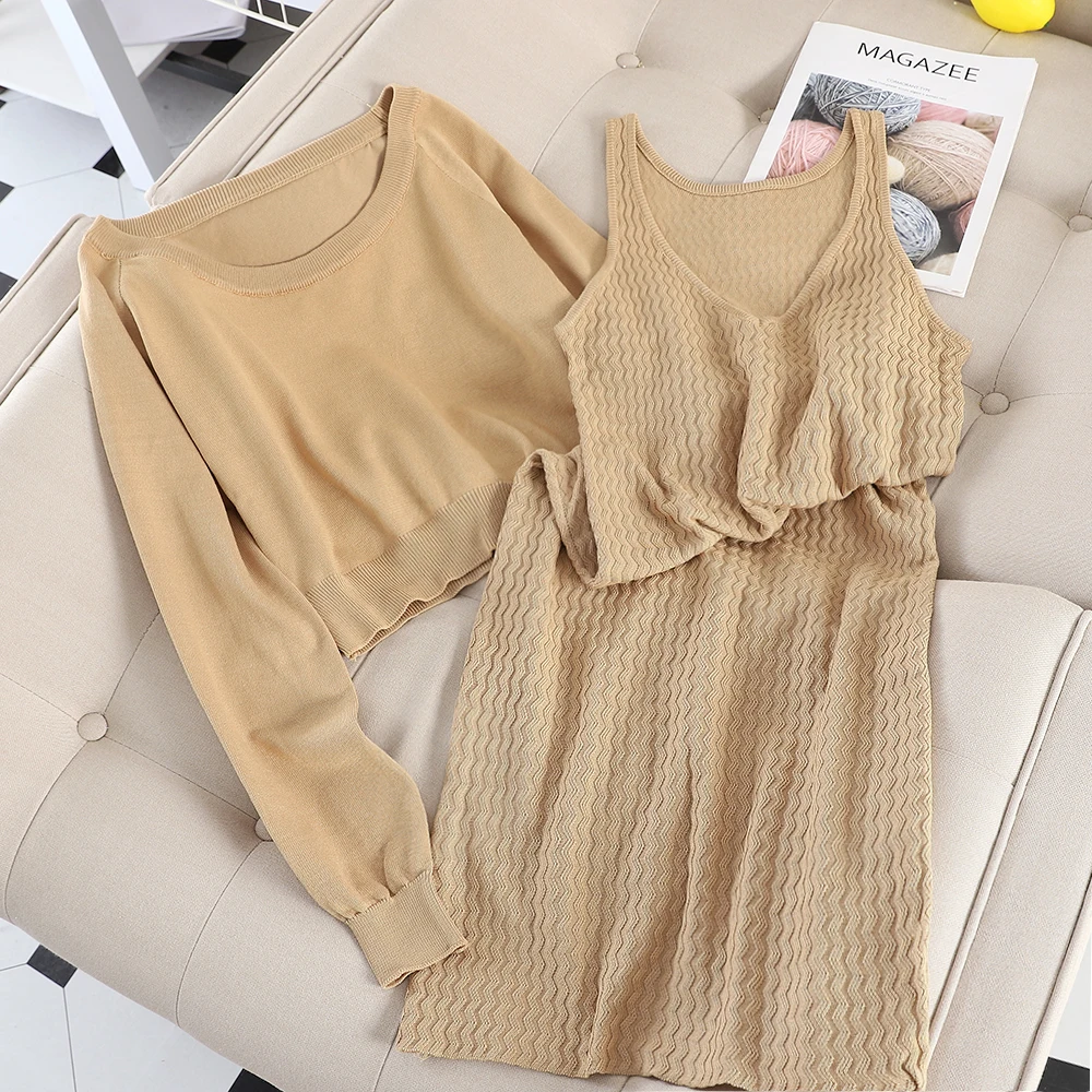 Осенний маленький аромат новый костюм трикотажное платье на подтяжках + пуловер