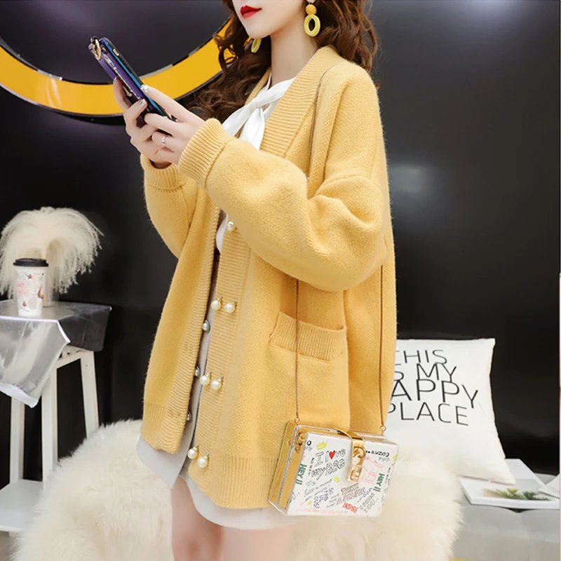 

PEONFLY Pearl Button Loose Cardigan Women With Pocket 2019 Fall Winter Korean Long Sleeve Sweater Cardigan Female Knitted Jacket