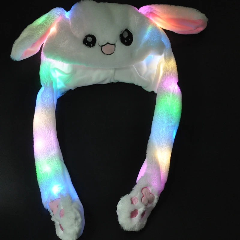 white with glowing Шапка кролика с подвижными ушками, шапка кролика с ушками, теплая плюшевая Милая шапка с подушкой безопасности - Цвет: white with glowing