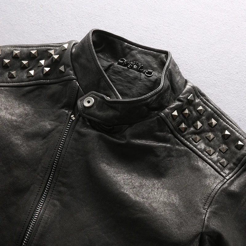 

Brand Genuine Sheep Leather Black/Red Rivet Jacket Top Quality Outwear Coat Vintage Classic Goat Skin Motorcycle Rider Jacket