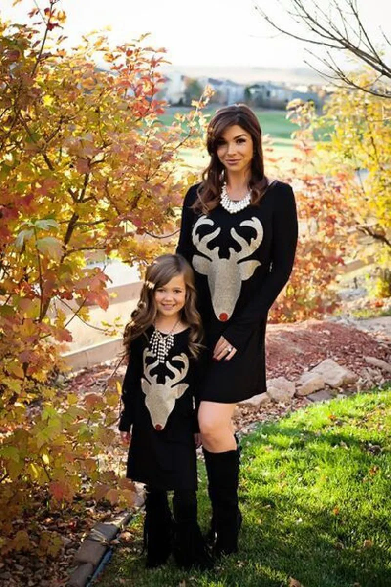 

Spring and Autumn New Long Sleeve Deer Head Print T-shirt Dress Christmas Mother's Day Gift Mother Daughter Holiday Family Suit