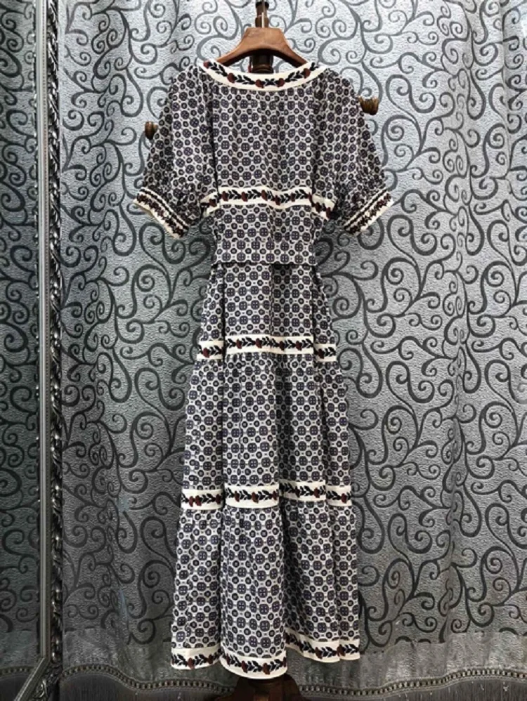 

Vintage 2020 Summer High Quality Cotton Women O-Neck Exquisite Print Belt Deco Short Sleeve Chic Long Maxi Dress