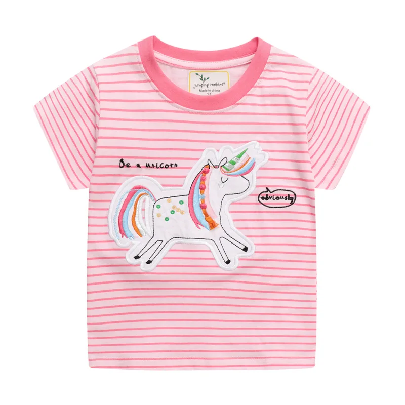 

Lucashy 2-8Y Children Clothes Western Style Baby Girls T-Shirt Cotton Striped Short Sleeves Unicorn Print Short Tops For Kids